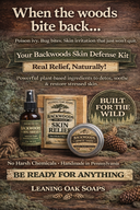 Backwoods Skin Defense Kit by Leaning Oak Soaps, featuring a dark amber spray bottle, a boxed skin relief balm, and a round tin of honey salve, arranged on a rustic wood background with pinecones and text overlays.